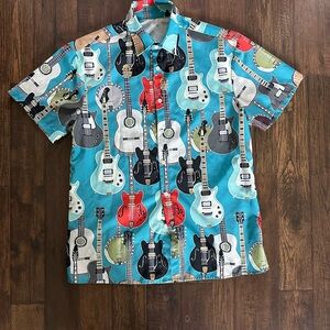 Men's Guitar Print Button Down Shirt - Blue, Red, Black